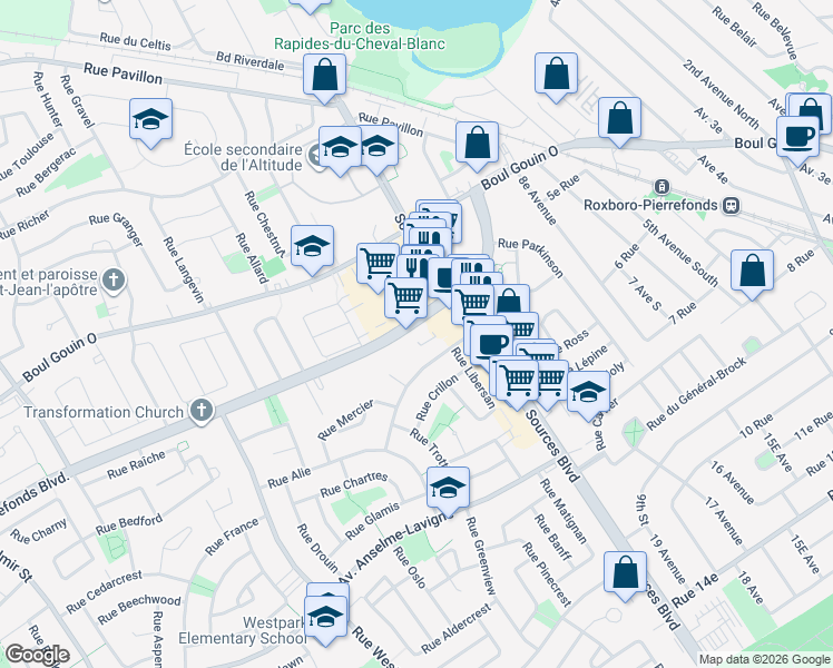 map of restaurants, bars, coffee shops, grocery stores, and more near 11750 Pierrefonds Boulevard in Montreal