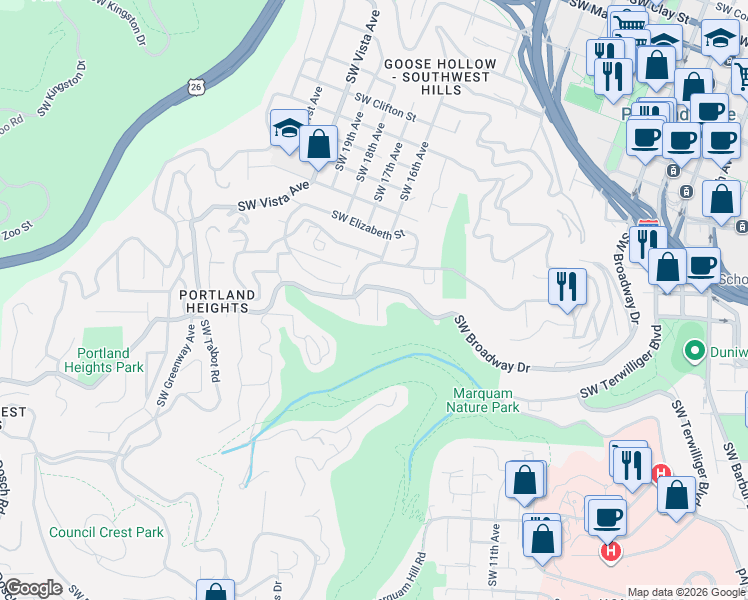 map of restaurants, bars, coffee shops, grocery stores, and more near 2625 Southwest Brae Mar Court in Portland