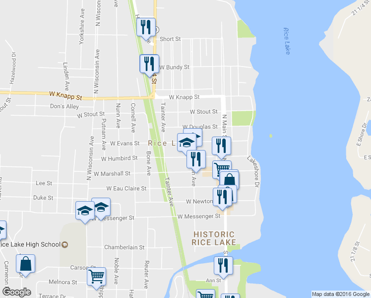map of restaurants, bars, coffee shops, grocery stores, and more near 426 N Wilson Ave in Rice Lake