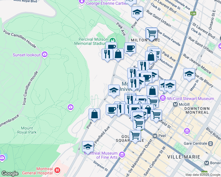 map of restaurants, bars, coffee shops, grocery stores, and more near Avenue des Pins Ouest in Montréal