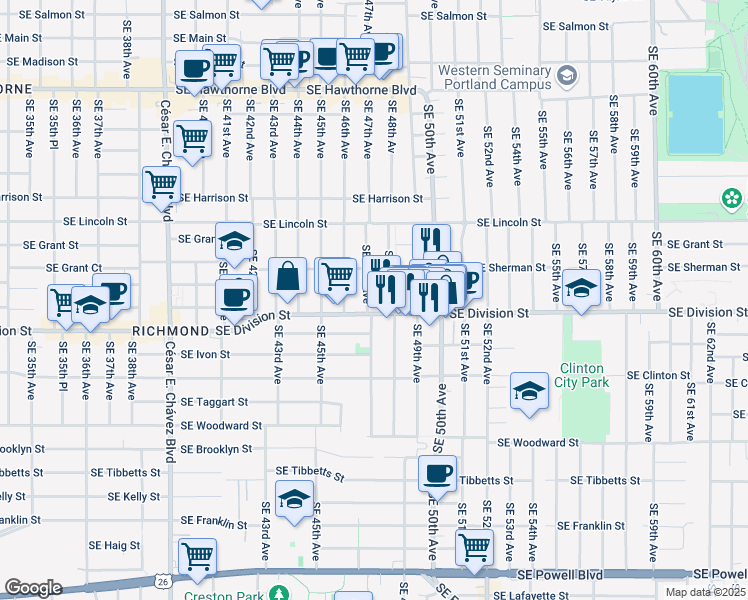 map of restaurants, bars, coffee shops, grocery stores, and more near 4635 Southeast Division Street in Portland