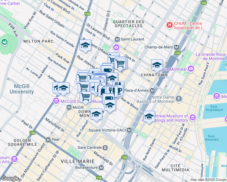 map of restaurants, bars, coffee shops, grocery stores, and more near 1179 Rue de Bleury in Montréal