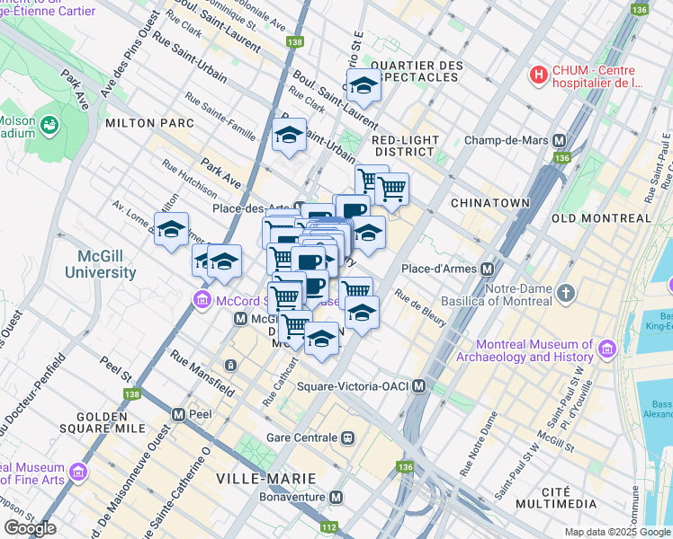 map of restaurants, bars, coffee shops, grocery stores, and more near 372 Saint-Catherine Street West in Montreal