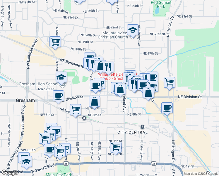 map of restaurants, bars, coffee shops, grocery stores, and more near 555 Northeast Division Street in Gresham