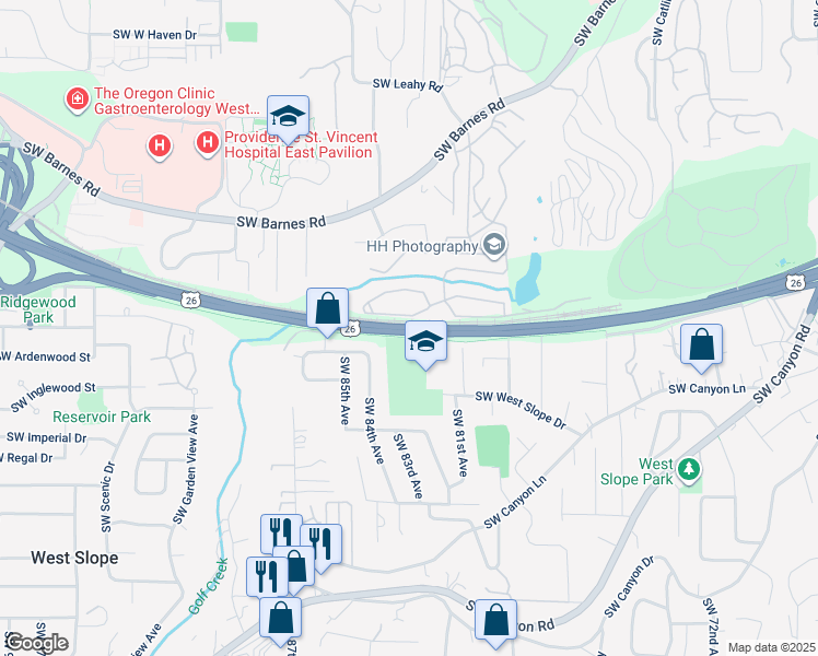 map of restaurants, bars, coffee shops, grocery stores, and more near Southwest Sunset Highway in Portland
