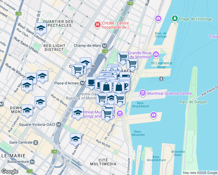 map of restaurants, bars, coffee shops, grocery stores, and more near 26 Rue Notre-Dame Ouest in Montréal