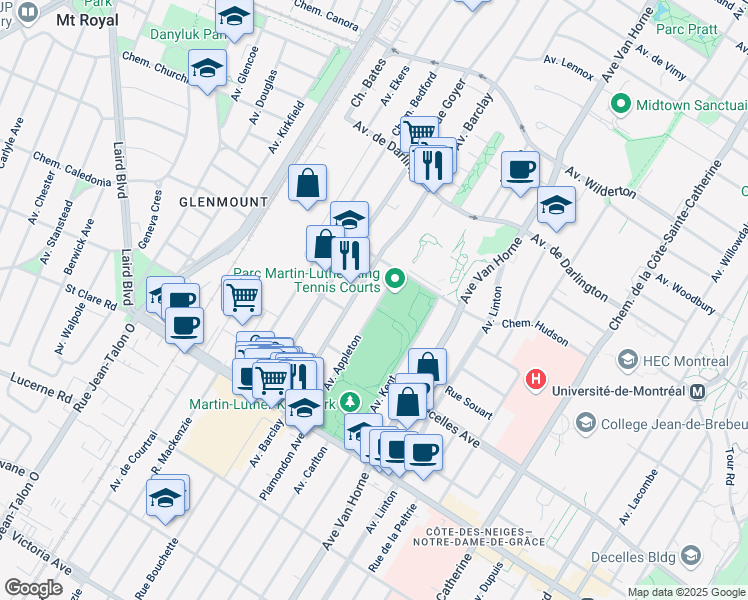 map of restaurants, bars, coffee shops, grocery stores, and more near 3185 Avenue Appleton in Montréal