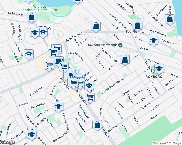 map of restaurants, bars, coffee shops, grocery stores, and more near 11601 Rue Ross in Montréal