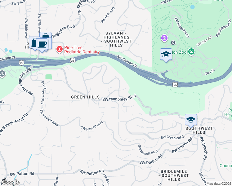 map of restaurants, bars, coffee shops, grocery stores, and more near 4616 Southwest Humphrey Court in Portland
