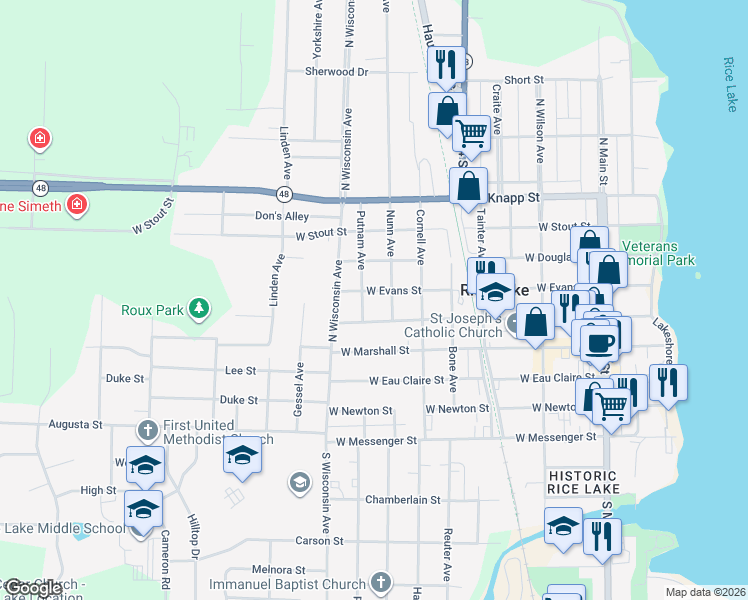map of restaurants, bars, coffee shops, grocery stores, and more near 507 West Humbird Street in Rice Lake