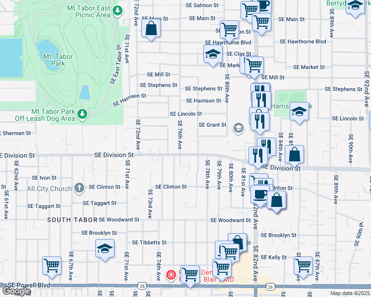 map of restaurants, bars, coffee shops, grocery stores, and more near 7645 Southeast Division Street in Portland