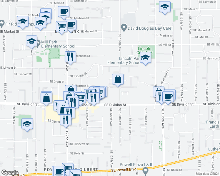 map of restaurants, bars, coffee shops, grocery stores, and more near 12832 Southeast Sherman Street in Portland