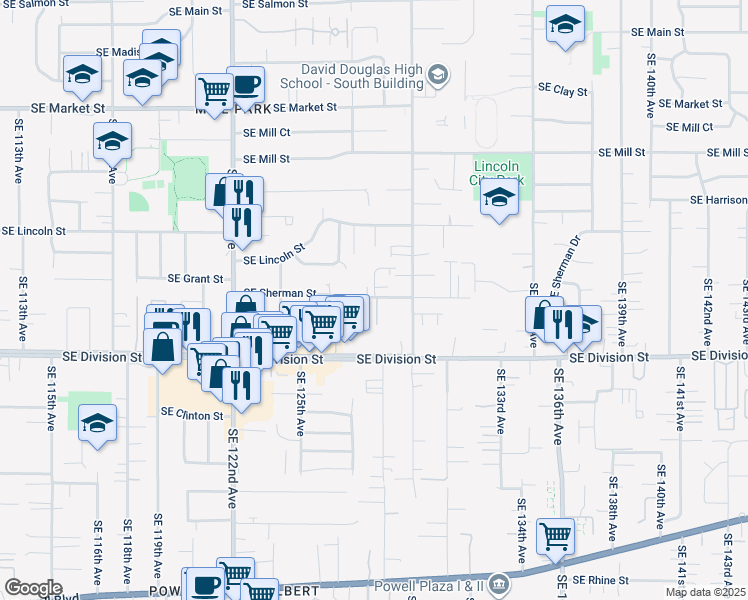 map of restaurants, bars, coffee shops, grocery stores, and more near 12820 Southeast Sherman Street in Portland