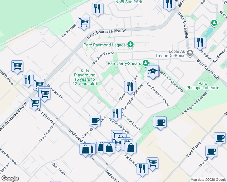 map of restaurants, bars, coffee shops, grocery stores, and more near 4125 Place Victor-Barbeau in Montréal