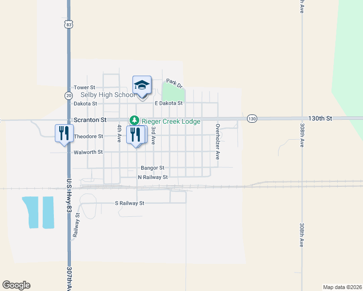 map of restaurants, bars, coffee shops, grocery stores, and more near 2705 1st Avenue in Selby