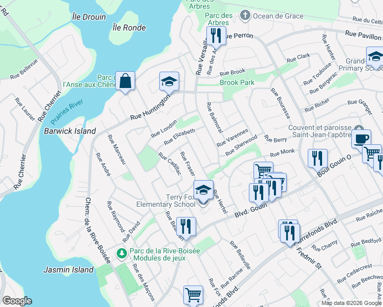 map of restaurants, bars, coffee shops, grocery stores, and more near 5096 Rue Hertel in Montréal
