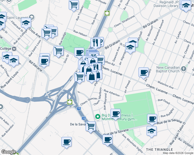 map of restaurants, bars, coffee shops, grocery stores, and more near 775 Avenue Plymouth in Mont-Royal
