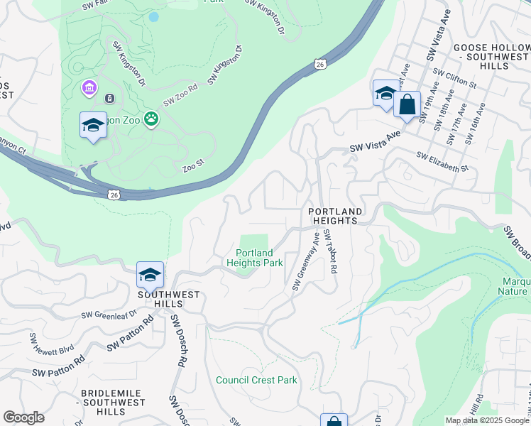 map of restaurants, bars, coffee shops, grocery stores, and more near 2860 Southwest Fern Street in Portland