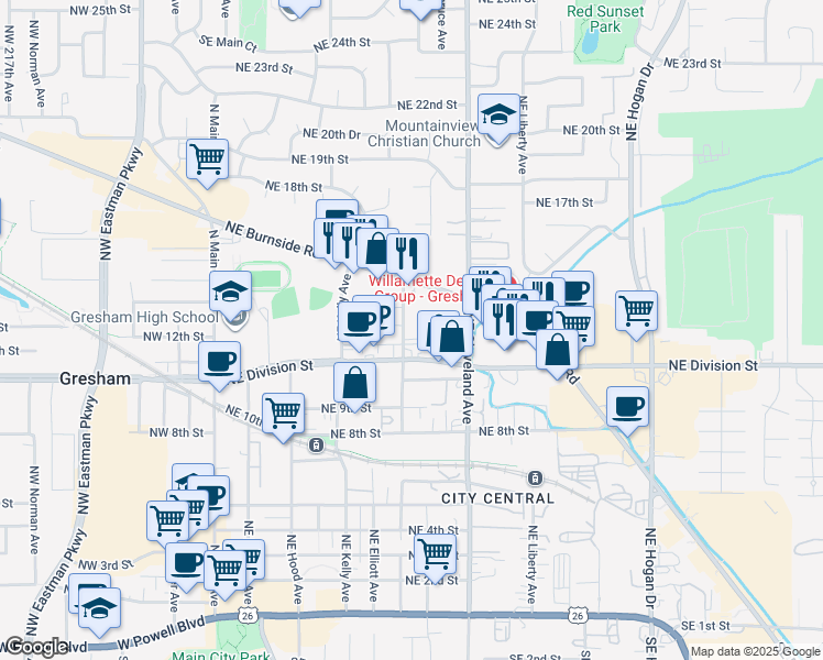 map of restaurants, bars, coffee shops, grocery stores, and more near 555 Northeast Division Street in Gresham