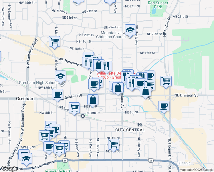 map of restaurants, bars, coffee shops, grocery stores, and more near 555 Northeast Division Street in Gresham