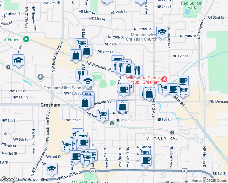 map of restaurants, bars, coffee shops, grocery stores, and more near 303 Northeast Division Street in Gresham