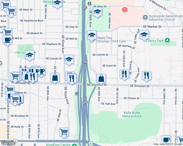 map of restaurants, bars, coffee shops, grocery stores, and more near 2241 Southeast 96th Drive in Portland