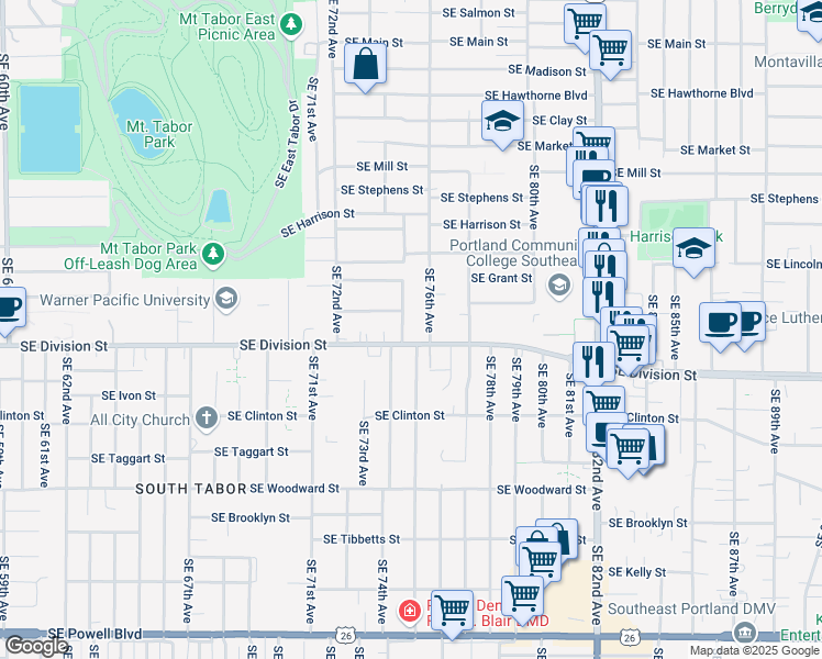 map of restaurants, bars, coffee shops, grocery stores, and more near 7457 Southeast Division Street in Portland