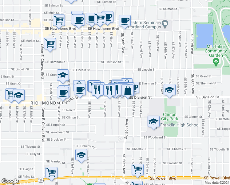 map of restaurants, bars, coffee shops, grocery stores, and more near 4846 Southeast Division Street in Portland