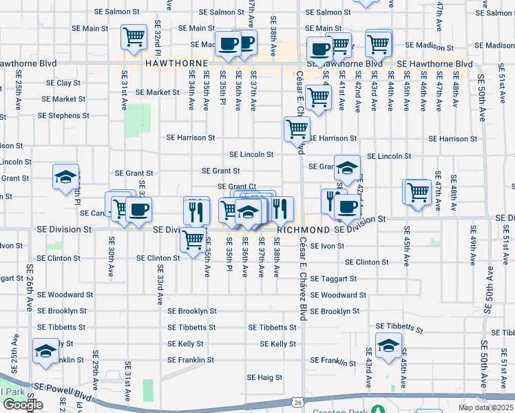 map of restaurants, bars, coffee shops, grocery stores, and more near in Portland