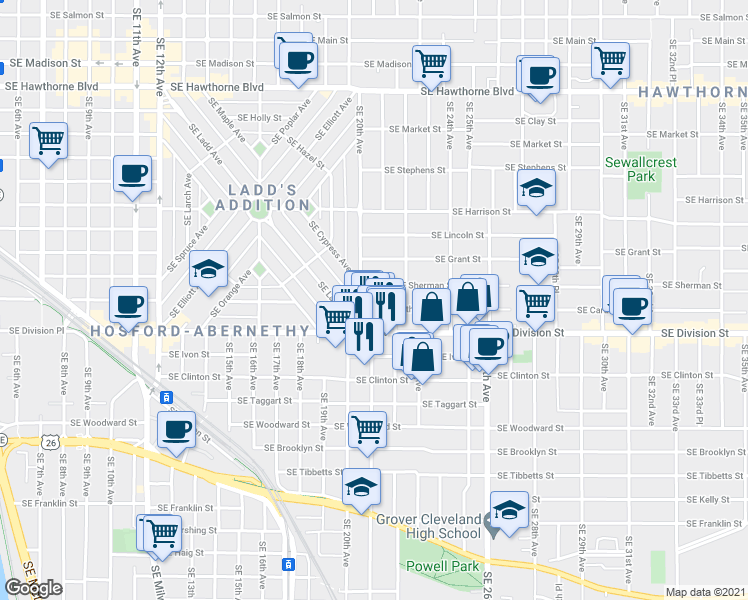 map of restaurants, bars, coffee shops, grocery stores, and more near in Portland