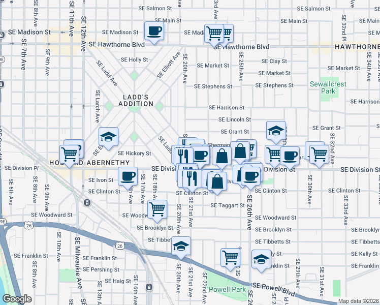 map of restaurants, bars, coffee shops, grocery stores, and more near 2025 Southeast Caruthers Street in Portland