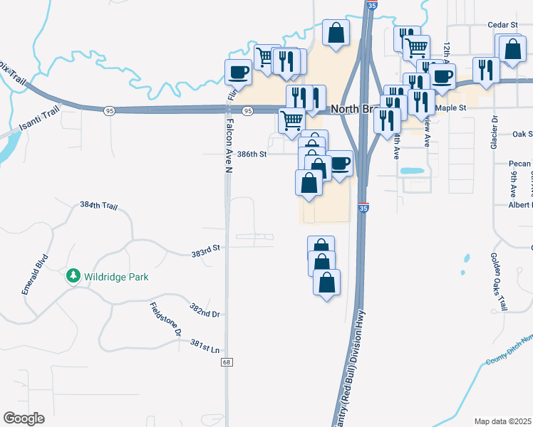 map of restaurants, bars, coffee shops, grocery stores, and more near 5385 385th Street in North Branch