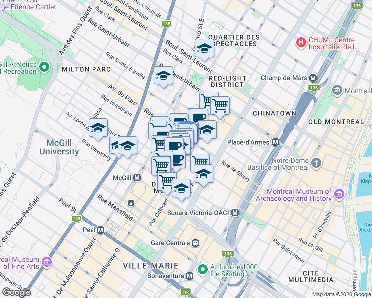 map of restaurants, bars, coffee shops, grocery stores, and more near 372 Rue Sainte-Catherine Ouest in Montréal