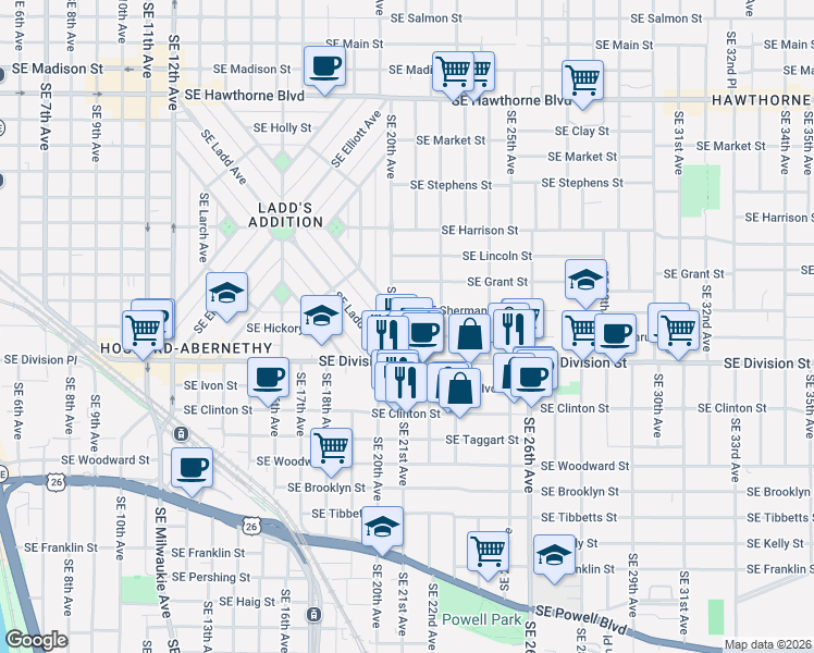 map of restaurants, bars, coffee shops, grocery stores, and more near 2105 Southeast Caruthers Street in Portland