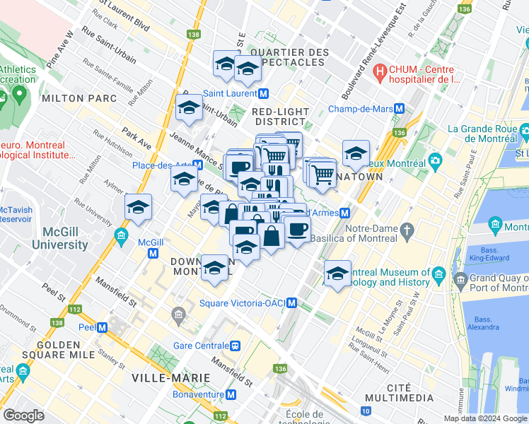 map of restaurants, bars, coffee shops, grocery stores, and more near 305 Boulevard René-Lévesque Ouest in Montréal