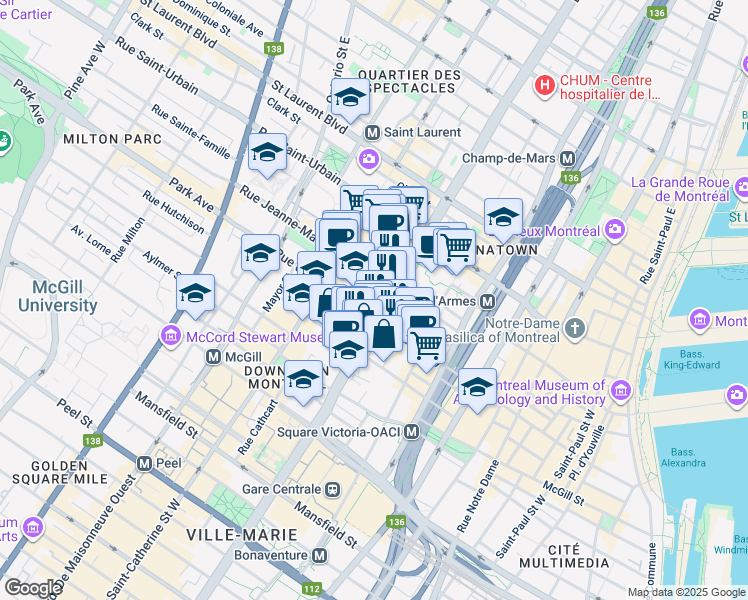 map of restaurants, bars, coffee shops, grocery stores, and more near 305 Boulevard René-Lévesque Ouest in Montréal