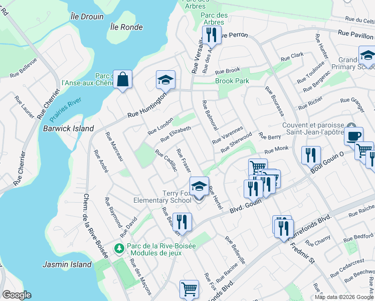 map of restaurants, bars, coffee shops, grocery stores, and more near 5096 Rue Hertel in Montréal