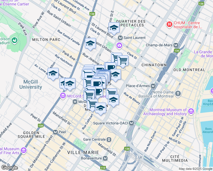 map of restaurants, bars, coffee shops, grocery stores, and more near 372 Saint-Catherine Street West in Montreal