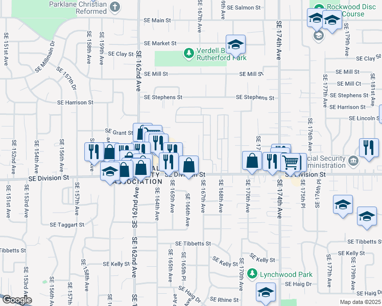 map of restaurants, bars, coffee shops, grocery stores, and more near 16603 Southeast Division Street in Portland