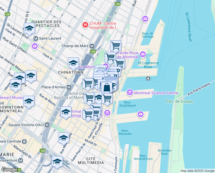 map of restaurants, bars, coffee shops, grocery stores, and more near in Montreal