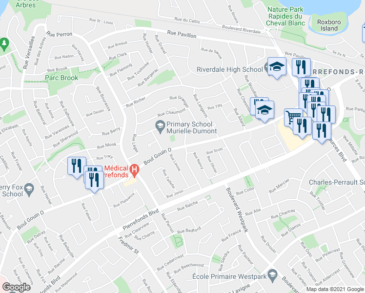 map of restaurants, bars, coffee shops, grocery stores, and more near 12439 Gouin Boulevard West in Montreal