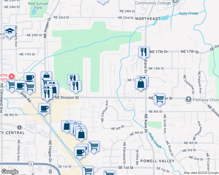 map of restaurants, bars, coffee shops, grocery stores, and more near 1173 Northeast Village Squire Court in Gresham
