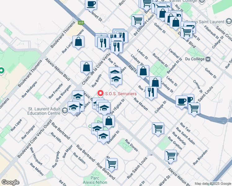map of restaurants, bars, coffee shops, grocery stores, and more near 2075 Rue Cushing in Montréal