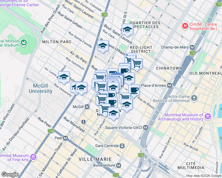 map of restaurants, bars, coffee shops, grocery stores, and more near 1435 Rue Saint-Alexandre in Montreal