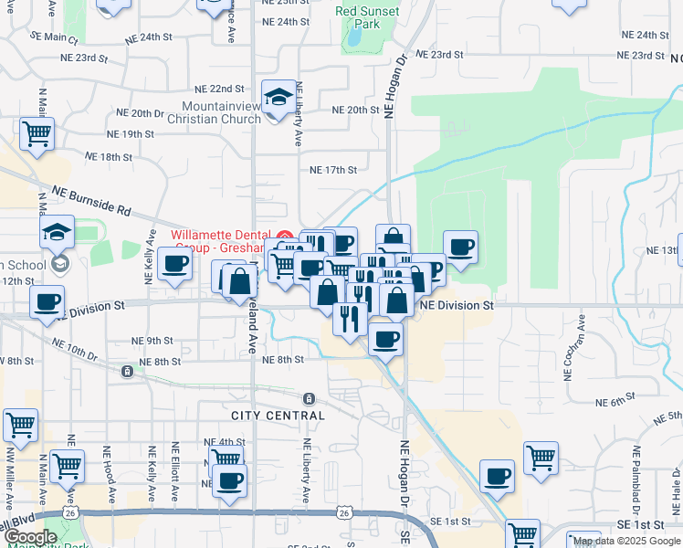 map of restaurants, bars, coffee shops, grocery stores, and more near 1455 Northeast Division Street in Gresham