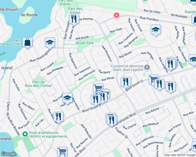 map of restaurants, bars, coffee shops, grocery stores, and more near 12801 Rue Monk in Montréal