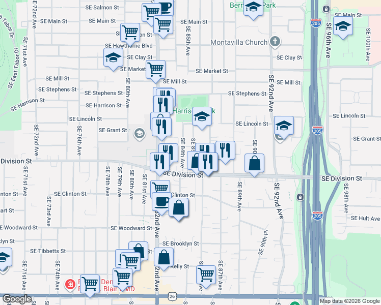 map of restaurants, bars, coffee shops, grocery stores, and more near 2343 Southeast 85th Avenue in Portland