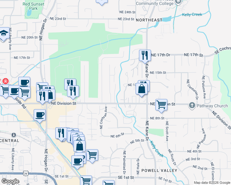 map of restaurants, bars, coffee shops, grocery stores, and more near 2775 Northeast Division Street in Gresham