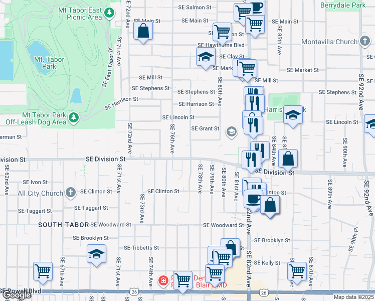 map of restaurants, bars, coffee shops, grocery stores, and more near 2327 Southeast 77th Avenue in Portland