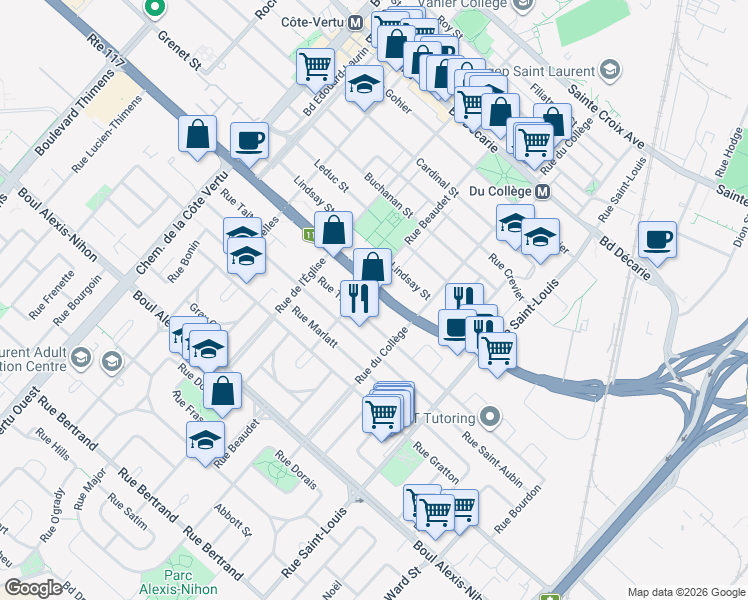 map of restaurants, bars, coffee shops, grocery stores, and more near 650 Boulevard Marcel-Laurin in Montréal